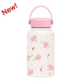 Portable 650ml vacuum flask with white cherry blossom print and pink handle - Ivory Sakura Pink Lid