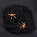 Halloween black spider web decoration with two orange spiders for spooky party theme - 20g Spider Cotton Black
