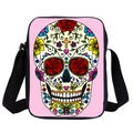 Pink crossbody bag with colorful Mexican sugar skull print and black shoulder strap - Pink Base Sugar Skull (8)