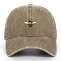 Vintage washed khaki baseball cap featuring detailed bee embroidery in a classic 6-panel style - Khaki