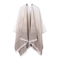 Detail of beige and white gradient knit shawl with striped pattern and fringe edges - Light Khaki Gradient Stripe