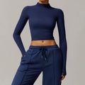 Dark blue high neck cropped sports top and drawstring joggers set in slim fit design - S / Tops / Navy Blue