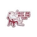 Spilla smaltata con rana rosa che beve e testo 'RIZZ 'EM WITH THE 'TISM' su bianco - Rana Seduta Rosso e Bianco (QHXZ2638)