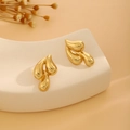 Detailed macro view of gold abstract fluid drop earrings with metallic ripple texture - E6204-34-Fluid Teardrop