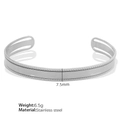Adjustable silver stainless steel open bangle with brushed texture and rope edges - Silver (SZ65 Rope Style)
