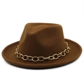 Detail of winter wool fedora hat featuring a chunky gold metal chain on brown felt - M (56-58cm) / Dark Khaki
