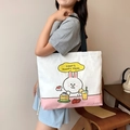 Pink and white canvas tote bag with Cony character and black shoulder straps - Cony Afternoon Tea - White