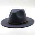 Detail of dark grey wool felt fedora hat featuring a brown leather band and gold buckle - M (56-58cm) / Dark Gray