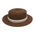 Brown straw boater hat with decorative white pearls and gold chain accent on the brim - Artificial Pearl Gold Chain Style (299D)
