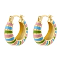 Golden U-shaped hoop earrings with colorful rainbow striped enamel in pastel macaron tones - Multicolor A