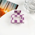 Detail view of purple and white checkerboard square hair claw clip on a white plate - 5cm Square Block / Purple and White Checkerboard