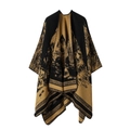 Detail of a black and camel reversible knit shawl featuring intricate mountain and tree patterns - One Size / Jungle Pattern - Black Yellow