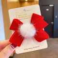 Red velvet bow hair clip with white fluffy pom-poms for children festive hair accessory - Style 6: Bow with White Fur Ball