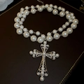 Elegante collana di perle bianche a doppio strato con grande ciondolo a croce decorata - Argento Bianco (Stile Croce Doppio Strato)