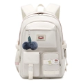 Cream white multi-pocket backpack with plush cherry charm and decorative badges - With Leaf Charm Pompom / Milky White