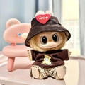 Labubu doll outfit with brown love corduroy hat and bear patterned shirt and plaid pants - Coffee Plaid Bear Three-piece Set / First And Second Generation Keychains Are Compatible With La Cloth Dolls. Dolls Not Included.