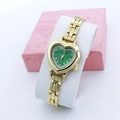 Elegant gold quartz watch with a green heart-shaped dial and crystal-encrusted bezel - Green