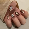 Brown cat-eye press-on nails with silver star rhinestones and glossy square finish - By1881 Qionglou Yuyu / Phototherapy Glue Style