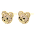 Close-up of golden bear stud earrings with pink and black micro-pave crystals - Bear Head / Gold Color Pink Zirconia