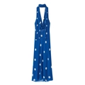 Abito midi blu a pois bianchi con scollo all'americana e dettaglio con laccio - XS / Blu