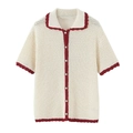 Completo polo in maglia crema e pantaloncini da donna con bordo bordeaux e trama traforata - S / Tops / Bianco Sporco
