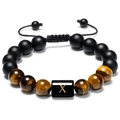 Tiger eye and matte black bead bracelet with adjustable cord and golden letter X bead - Style X
