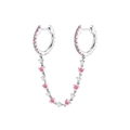 14K white gold double hoop earrings with connecting chain and pink and white gemstones - Pink (Platinum) Single Piece