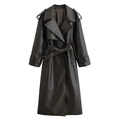 Lange dames trenchcoat van donkerbruin imitatieleer met ceintuur en schouderbanden - S / Zwart
