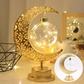 Golden moon-shaped decorative lamp with hanging warm LED bulb and round metallic base - Hanging Round Ball Moon Light