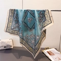 Light blue floral silk scarf with grey ink-wash patterns draped on a metal rack - Deep Blue (FG45-2)