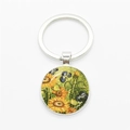 Silver round keychain featuring Van Gogh's Sunflower oil painting under glass cabochon - Silver-Sunflowers C