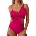 Two-piece hot pink high waist bikini set with large bow tie front top on model - Scarlet
