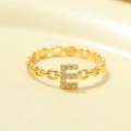 S925 silver chain ring with gold plating and cubic zirconia letter E design - Gold-Letter E