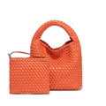 Vibrant orange woven leather tote bag set with matching clutch handbag for women - Orange