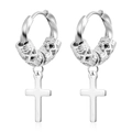 Detail of silver stainless steel hoop earrings with cross pendant and textured bead - Twisted Dragon Pattern Cross Steel MS-653