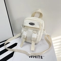 Beige canvas crossbody bag with double buckle closure and adjustable strap for women - Off White