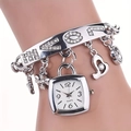 Silver stainless steel bracelet watch with LOVE rhinestones and heart charms - Letter LOVE Pendant Style / Silver