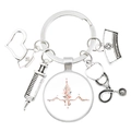 Silver medical keychain with floral EKG heartbeat charm and stethoscope pendants - Floral ECG