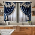 Close-up of blue kitchen curtain with white pattern, elegant tassels and fabric tiebacks - 1.6m x 1m (2 Pieces) / Blue Gold Damask