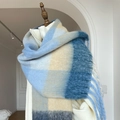 Écharpe à carreaux dégradé bleu et jaune avec bordure à franges douces pour l'automne-hiver - Style Grand Châle / Frange Bleu Foncé Beige Bleu Clair