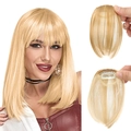 Golden air bangs hairpiece with sideburns showing model effect and back clip detail - No Sideburns - Golden Blonde/105