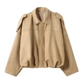 Detailed close-up of khaki suede bomber jacket with turn-down collar and vintage texture - XS / Khaki