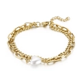Bracciale a doppio strato in acciaio dorato con ciondolo a cuore di perla bianca e catena link - Oro