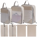 7-piece beige compression packing cubes for clothes and travel organizer bag set - 7-Piece Set (Double Shoe/Drawstring Bags) / Beige