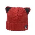 Red knit beanie with cat ears and thick cable stitch for winter warmth and cute style - M (56-58cm) / Red