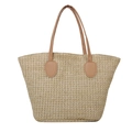 Große beige geflochtene Strohtasche mit braunen Ledergriffen für Strand oder Reise - Khaki