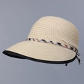 Elegant wide-brim straw sun hat for women with plaid ribbon and black fabric edging - M (56-58cm) / Beige