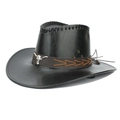 Detail of black leather cowboy hat with bull head silver emblem and braided strap - Black / One Size