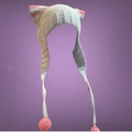 Handgebreide kattenoren muts met roze pompons in lichtblauw, roze en wit mix - Volwassene 56-59cm / Wit + Roze