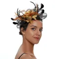 Elegant fascinator hat with black mesh veil and gold-brown feathers for weddings - Black & Gold